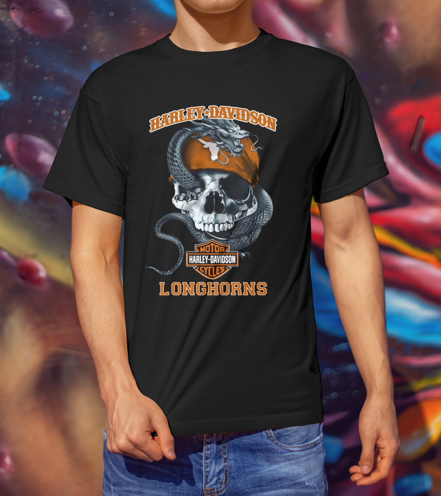 Harley Davidson Texas Longhorns Skull And Snake Motorcycle Cycles T-Shirt