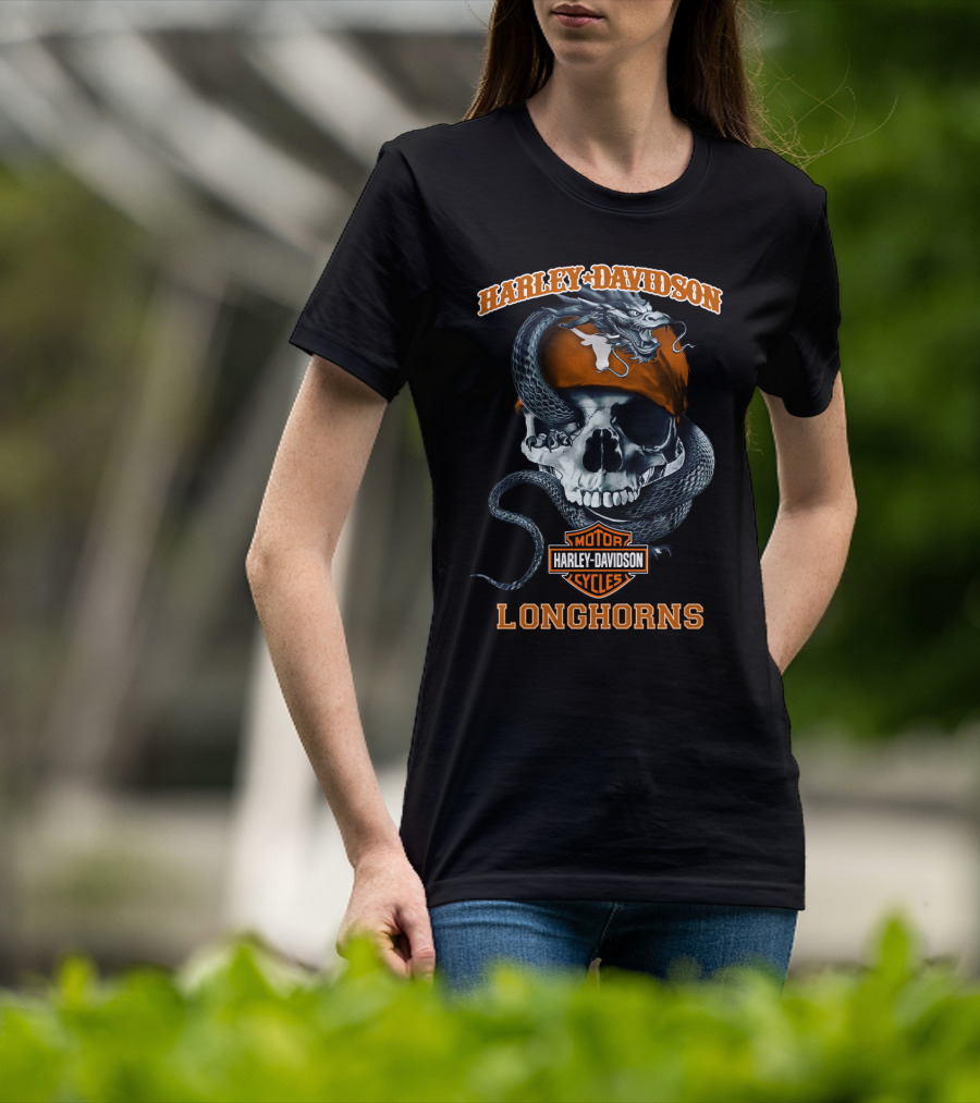 Harley Davidson Texas Longhorns Skull And Snake Motorcycle Cycles T-Shirt