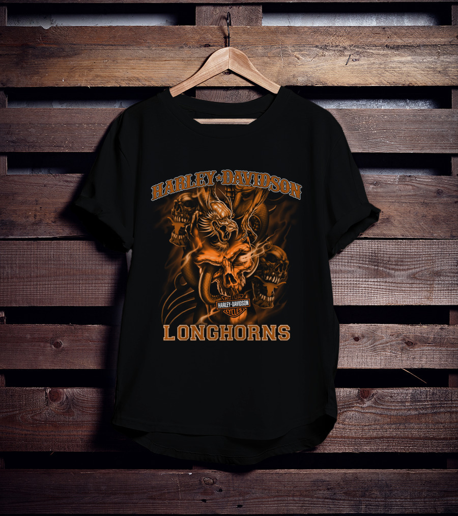 Harley Davidson Longhorns Texas Skulls And Flames T-Shirt