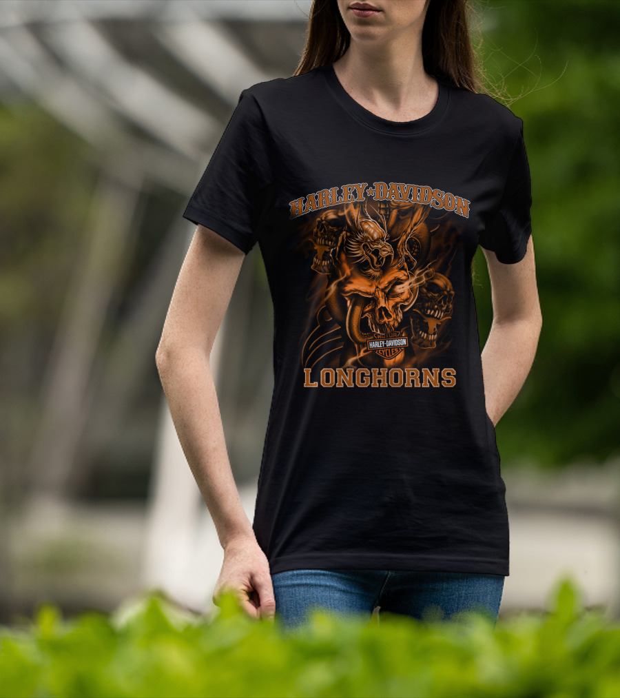 Harley Davidson Longhorns Texas Skulls And Flames T-Shirt