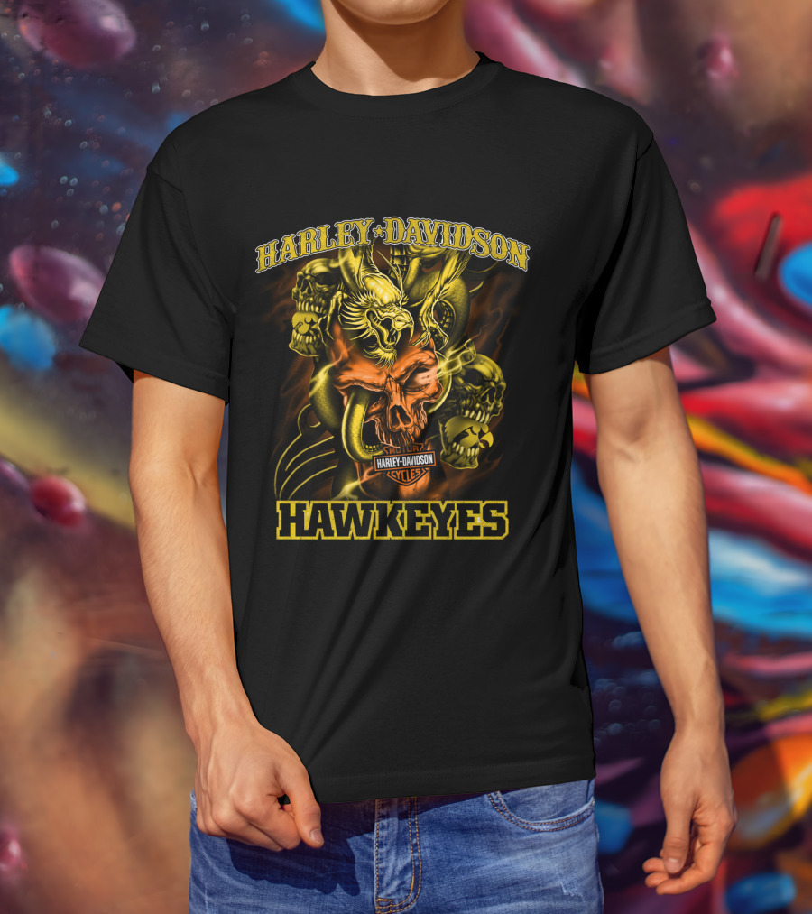 Harley Davidson Hawkeyes Cycles Skulls And Eagle T-Shirt