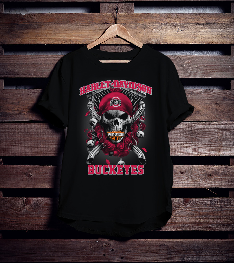 Harley Davidson Ohio State Buckeyes Skull Roses Motorcycles T-Shirt