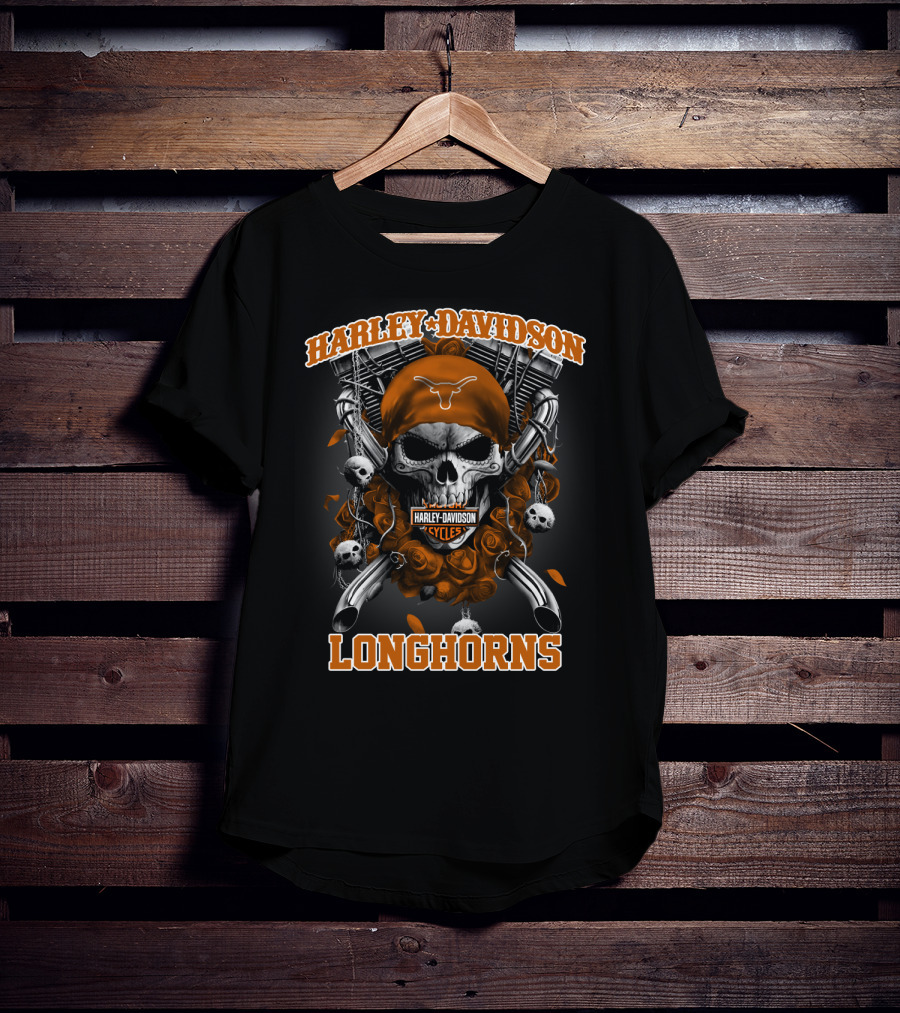 Harley Davidson Cycles Skull Orange Bandana Longhorns T-Shirt
