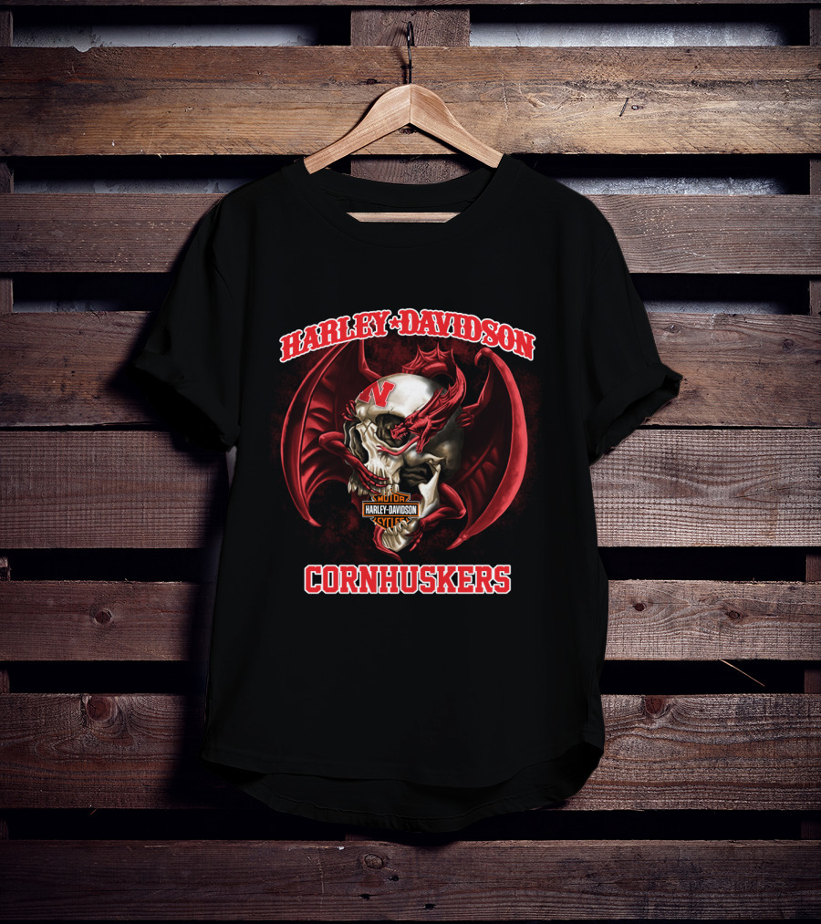 Harley Davidson Cornhuskers Skull With Red Dragon Wings T-Shirt