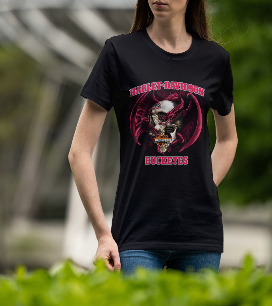 Harley Davidson Ohio State Buckeyes Skull And Wings T-Shirt