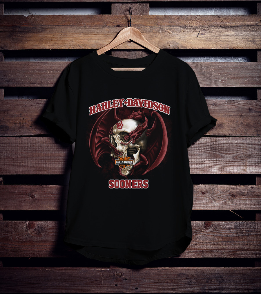 Harley Davidson Sooners Skull With Wings And Oklahoma T-Shirt