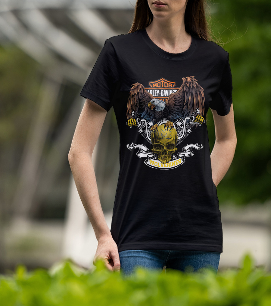 Motor Harley Davidson Cycle Michigan Wolverines Eagle Skull T-Shirt