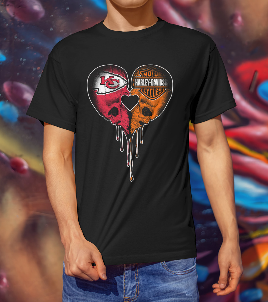 Kansas City Chiefs Harley Davidson Heart Skulls Fan T-Shirt