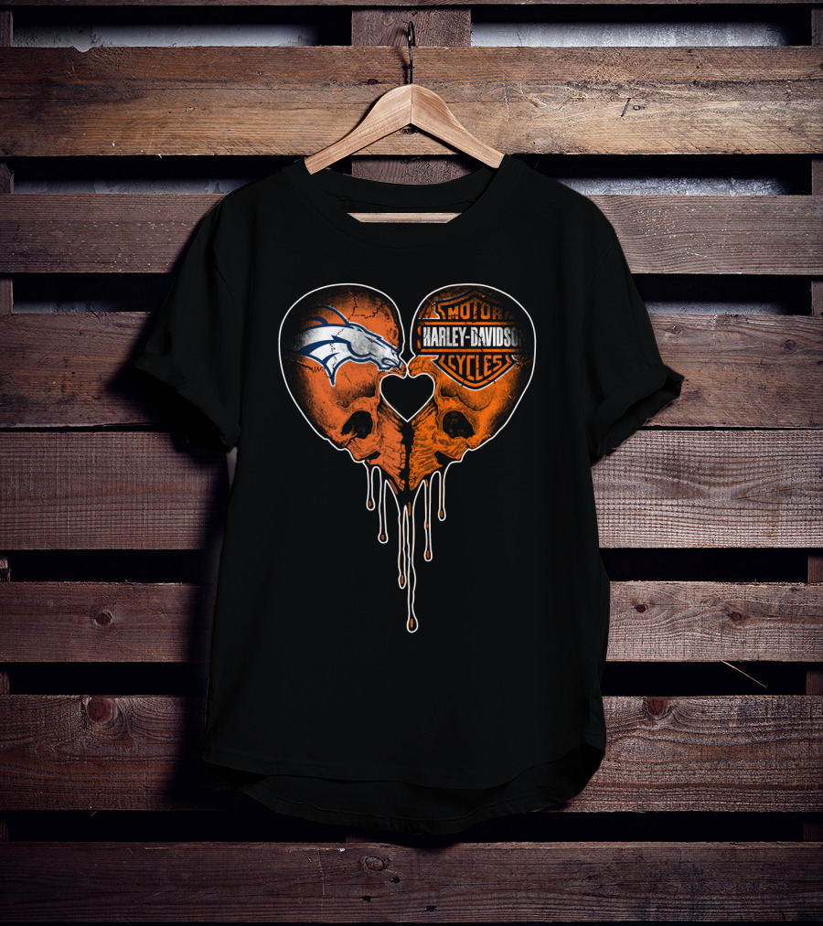 Denver Broncos Harley Davidson Dripping Skull Heart T-Shirt