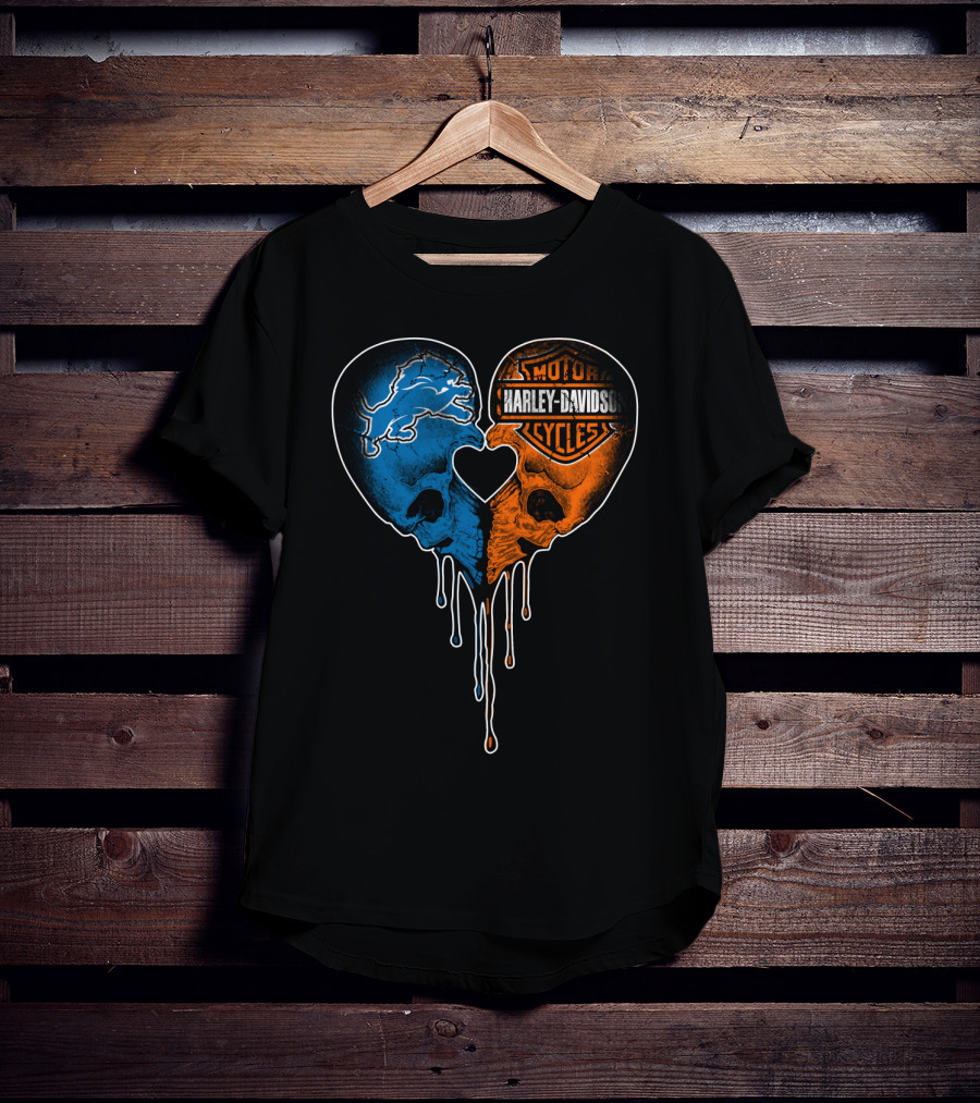 Detroit Lions And Harley Davidson Skulls Heart Fusion T-Shirt