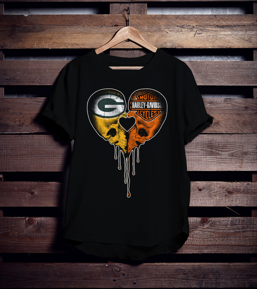 Green Bay Packers Harley Davidson Heart Skulls T-Shirt