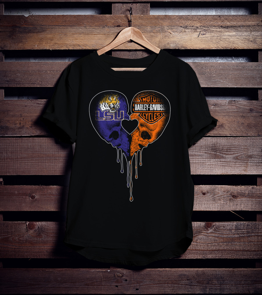 Lsu Tigers And Harley Davidson Heart Skull Fusion T-Shirt