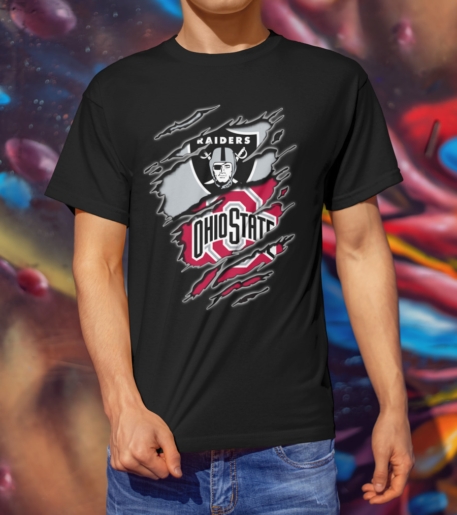 Raiders And Ohio State Fan Emblem Tear T-Shirt