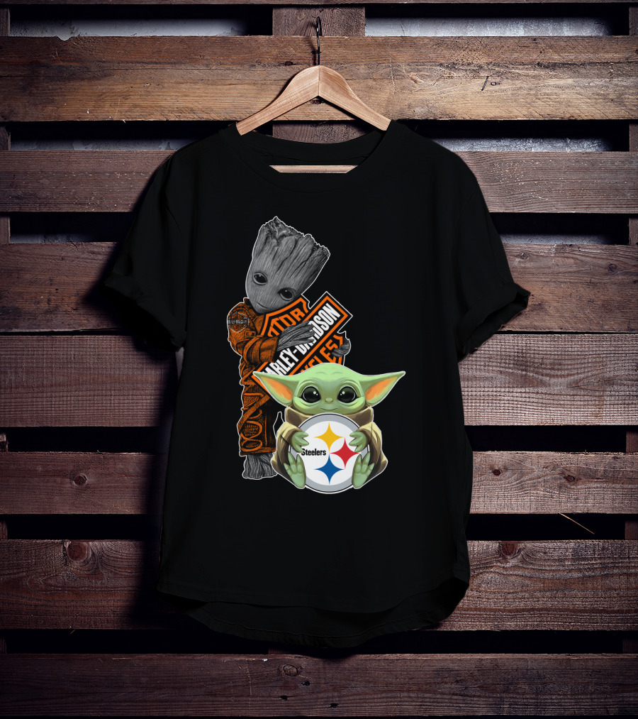 Baby Yoda And Groot Harley Davidson Steelers Crossover T-Shirt