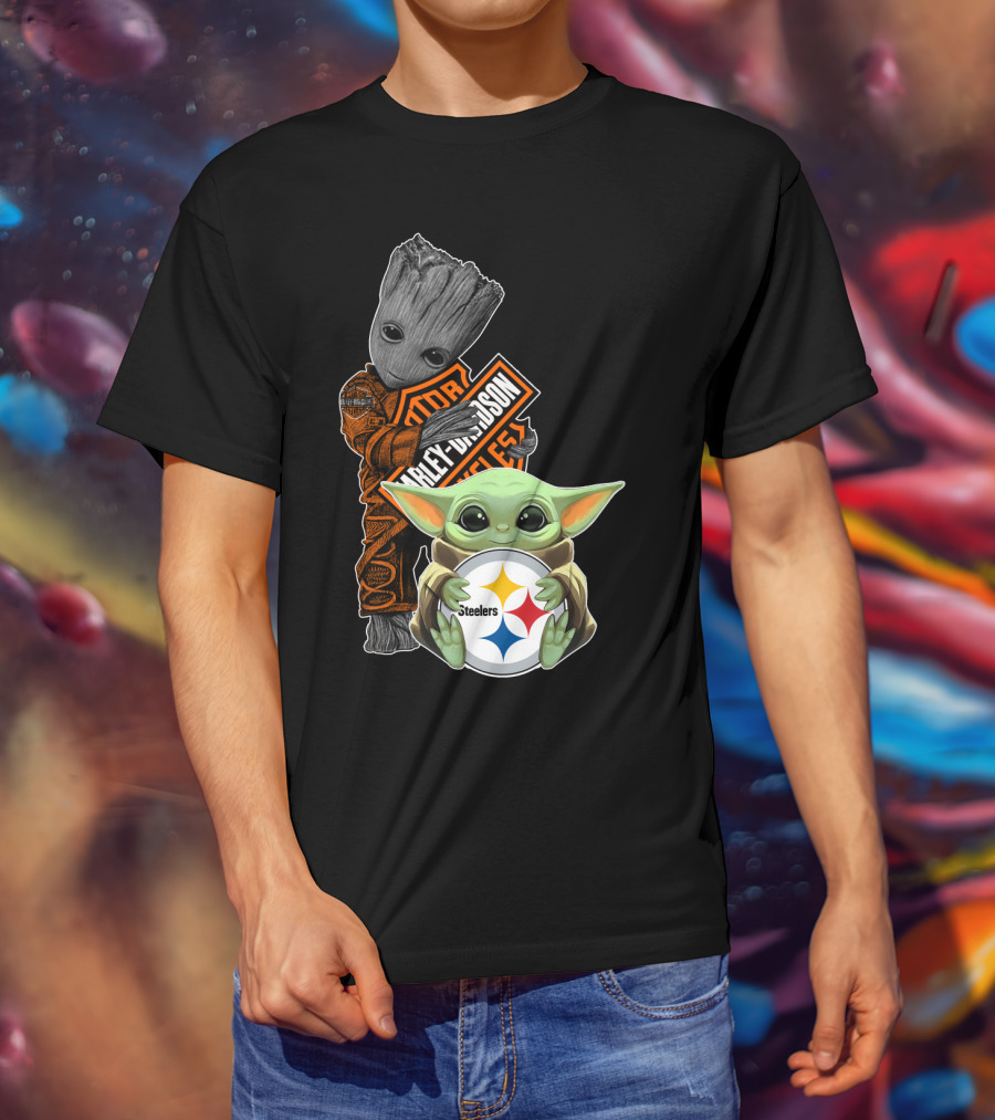 Baby Yoda And Groot Harley Davidson Steelers Crossover T-Shirt