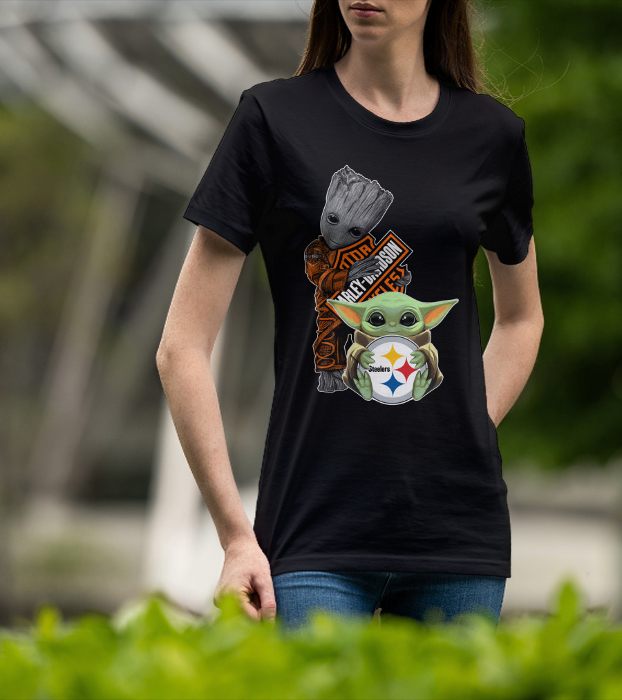 Baby Yoda And Groot Harley Davidson Steelers Crossover T-Shirt