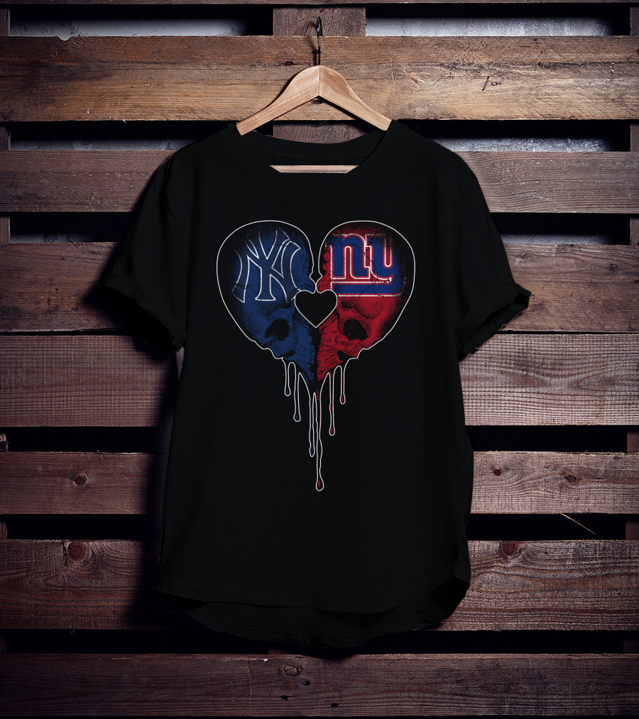 Yankees Giants Heart Skull Dripping Logos Blue Red Black T-Shirt
