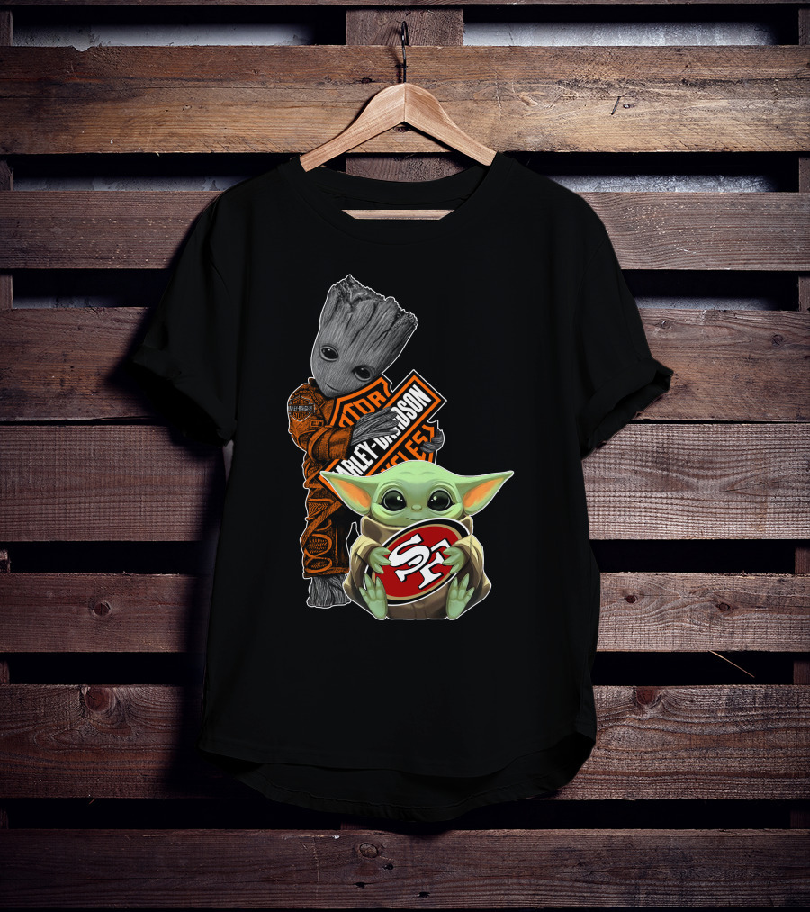 49ers S-F Logo Harley Davidson Orange Black Star Wars Groot Baby Yoda T-Shirt