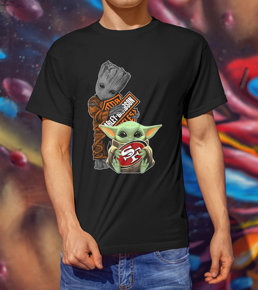 49ers S-F Logo Harley Davidson Orange Black Star Wars Groot Baby Yoda T-Shirt