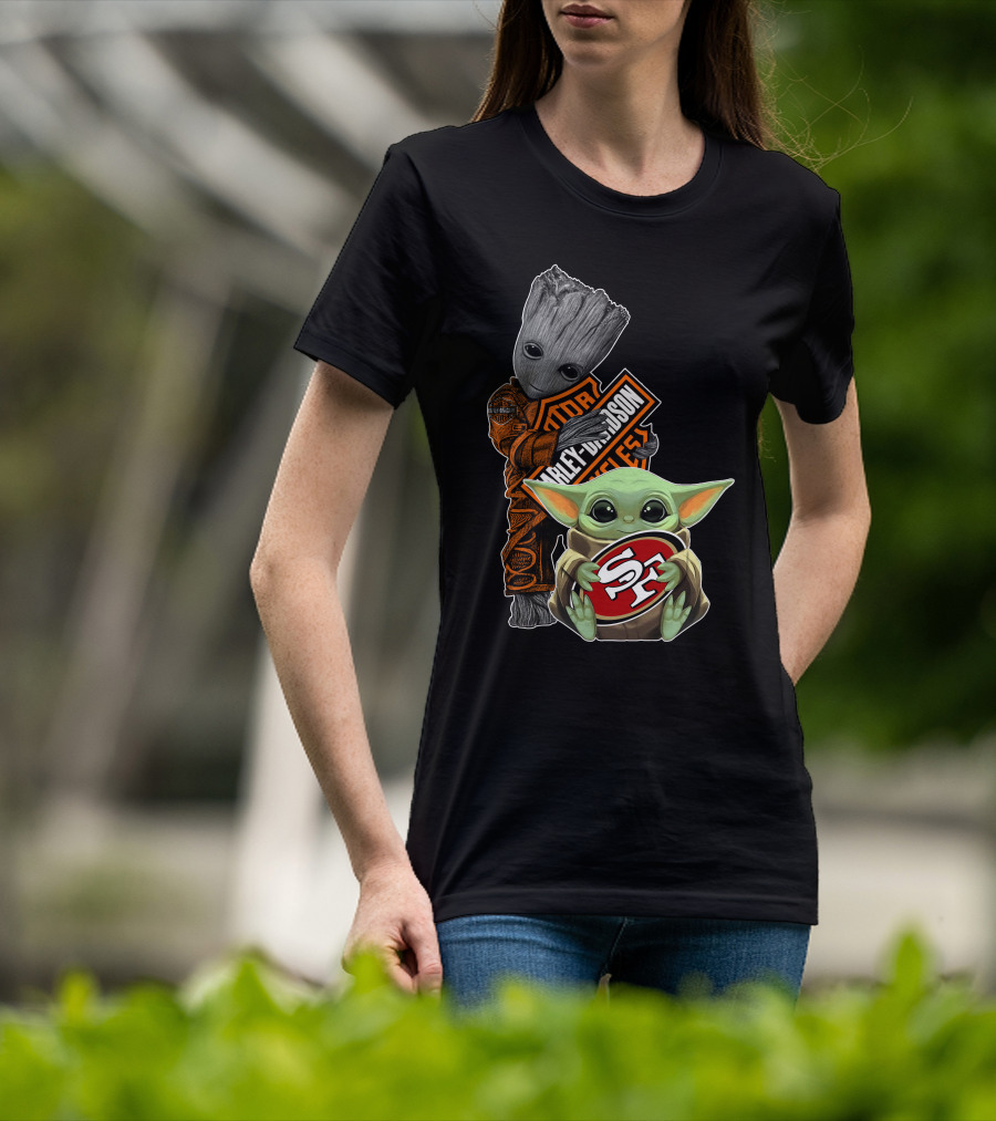 49ers S-F Logo Harley Davidson Orange Black Star Wars Groot Baby Yoda T-Shirt