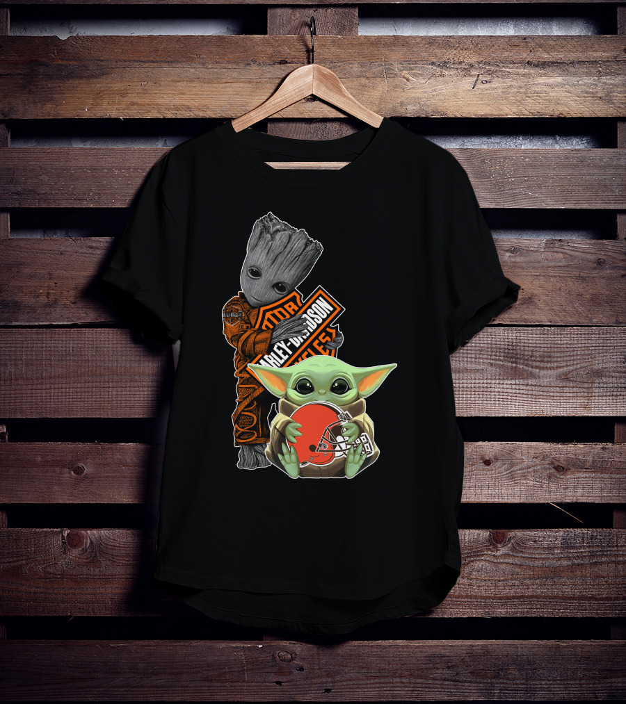 Groot Harley Davidson Baby Yoda Cleveland Browns T-Shirt