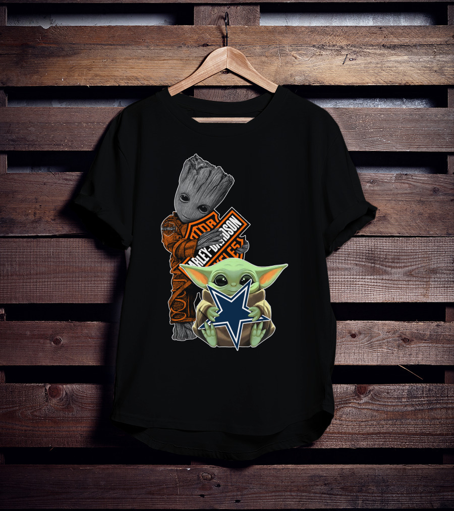 Groot Harley Davidson Star Holding Mandalorian Baby Yoda Cowboys T-Shirt