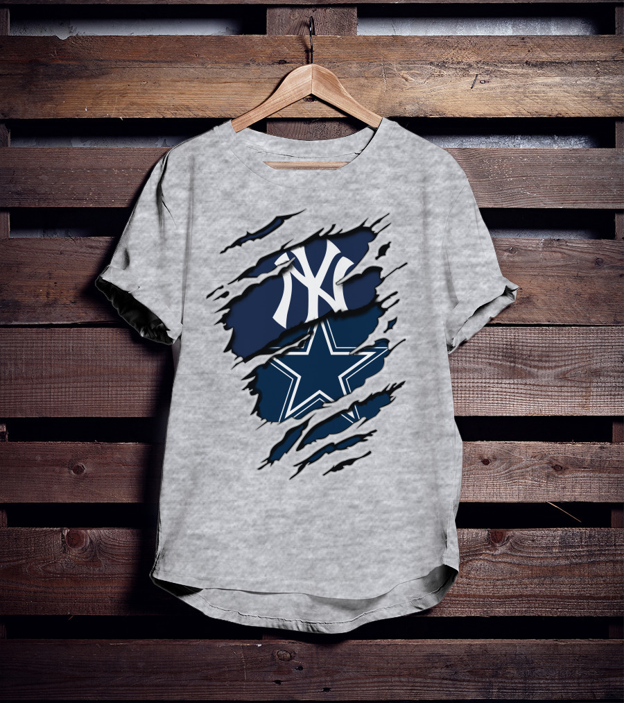 Cowboys Yankees Logo Mashup On Torn Background Gray T-Shirt