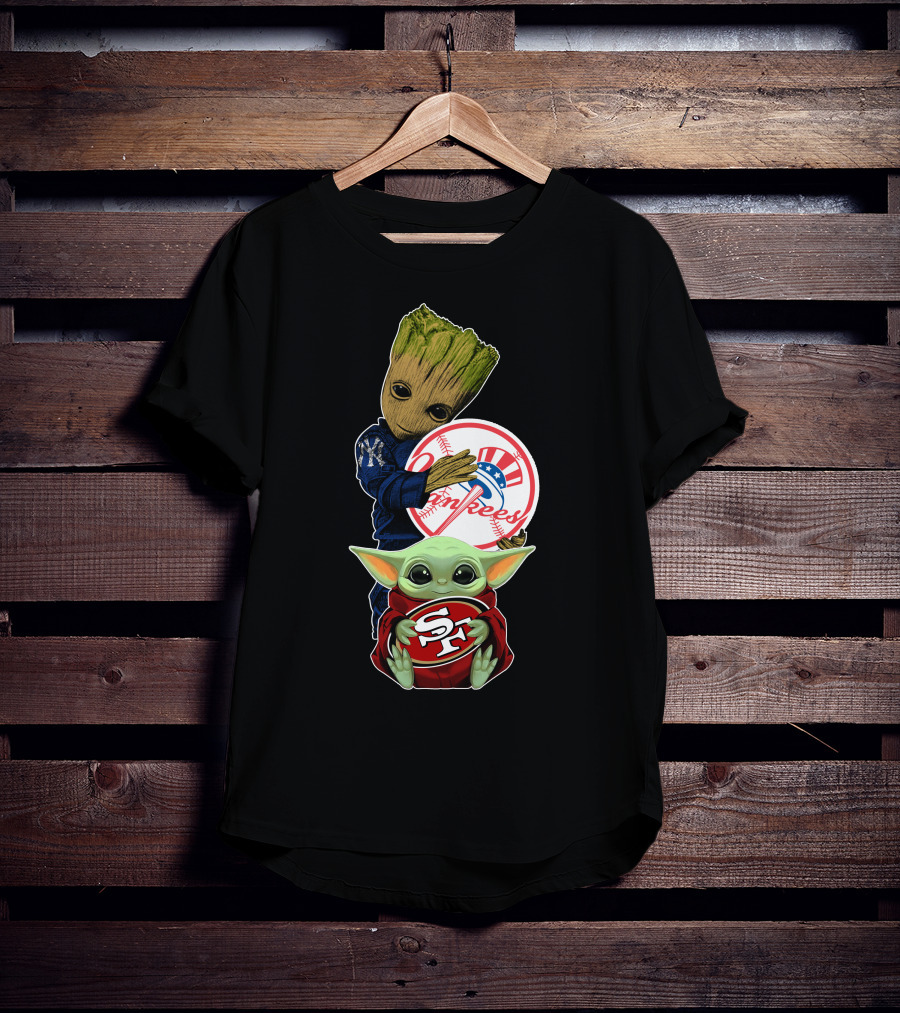 Groot Yankees Logo And Baby Yoda 49ers Sf Team Crossover T-Shirt