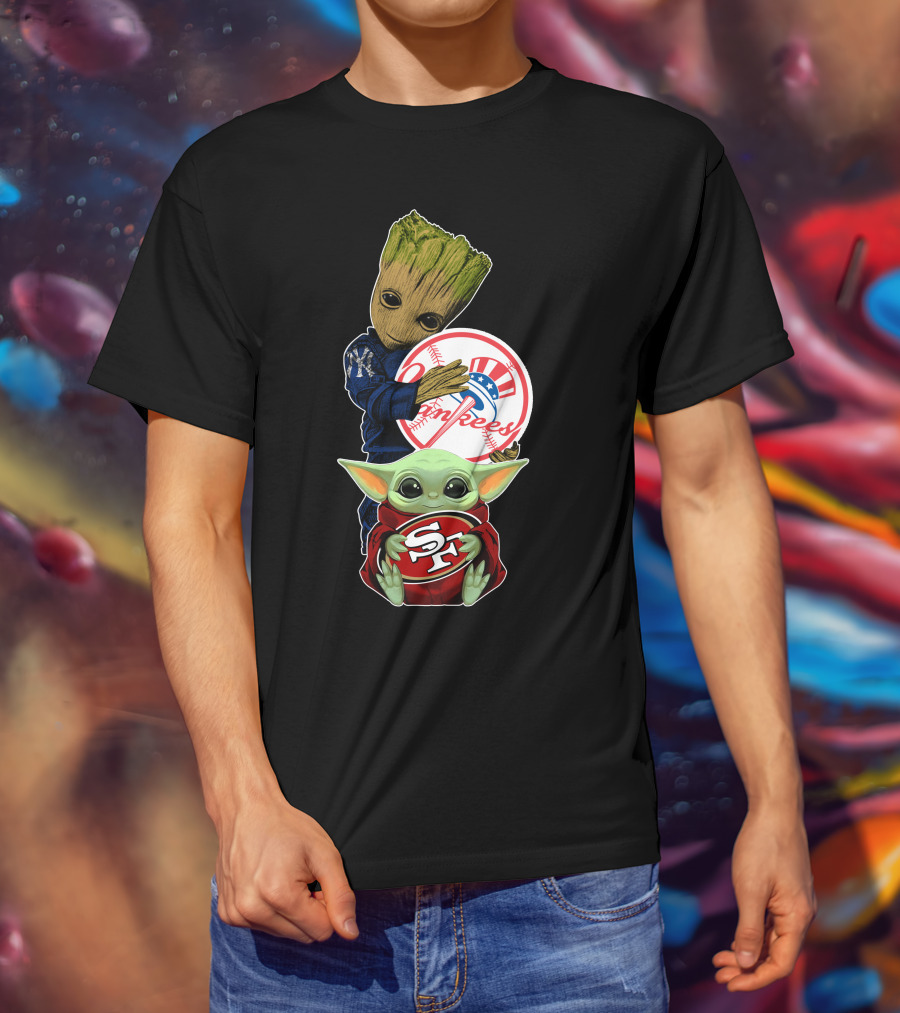 Groot Yankees Logo And Baby Yoda 49ers Sf Team Crossover T-Shirt