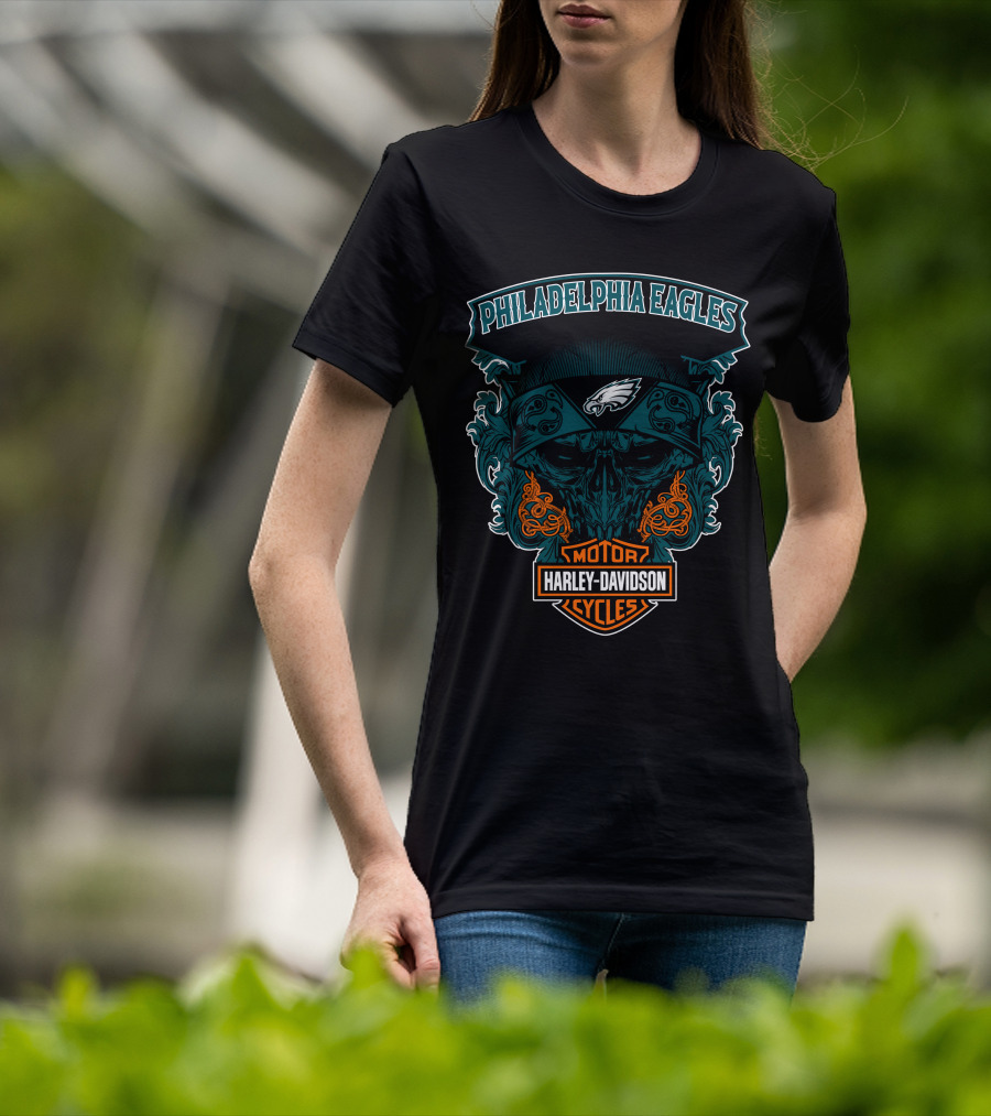Philadelphia Eagles Harley Davidson Motorcycles Skull T-Shirt