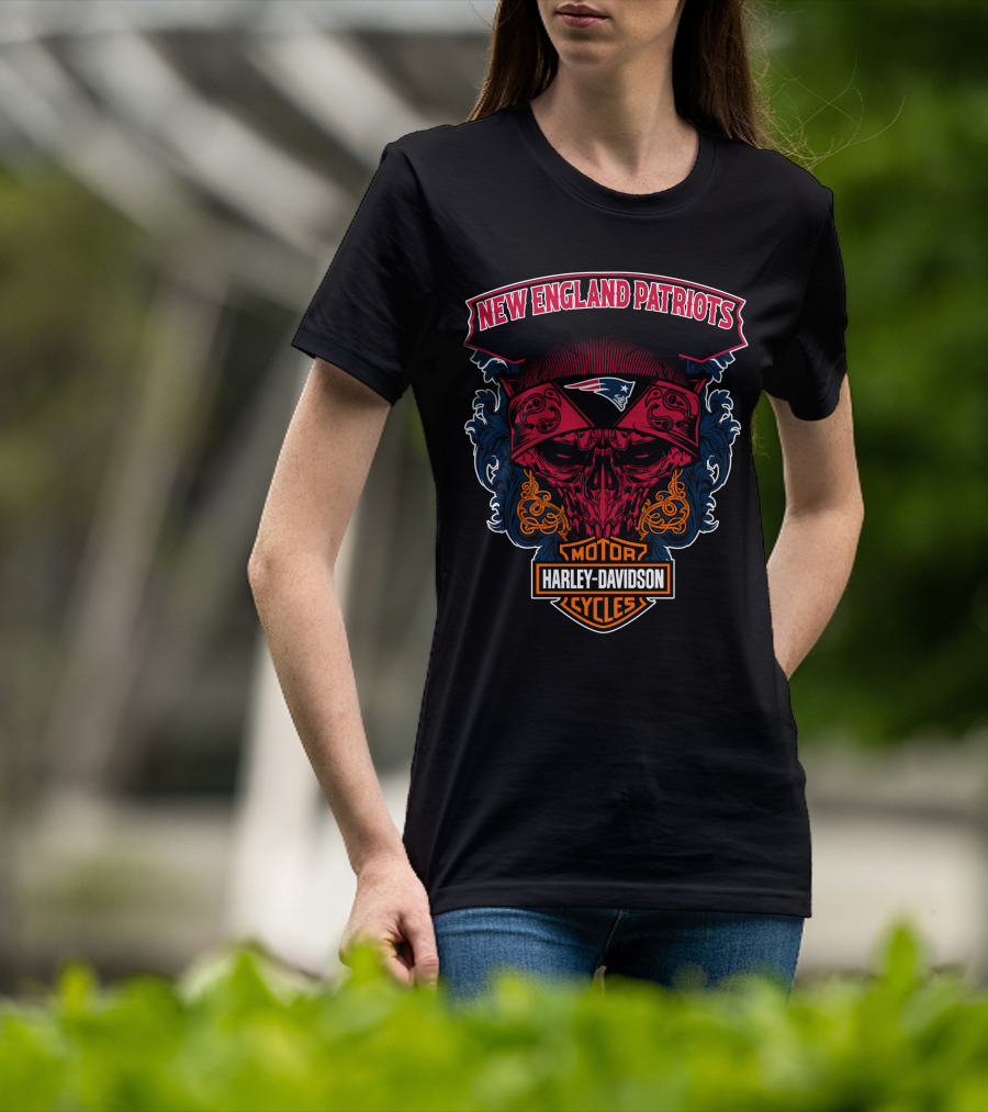 New England Patriots Skull Harley Davidson Motorcycles T-Shirt