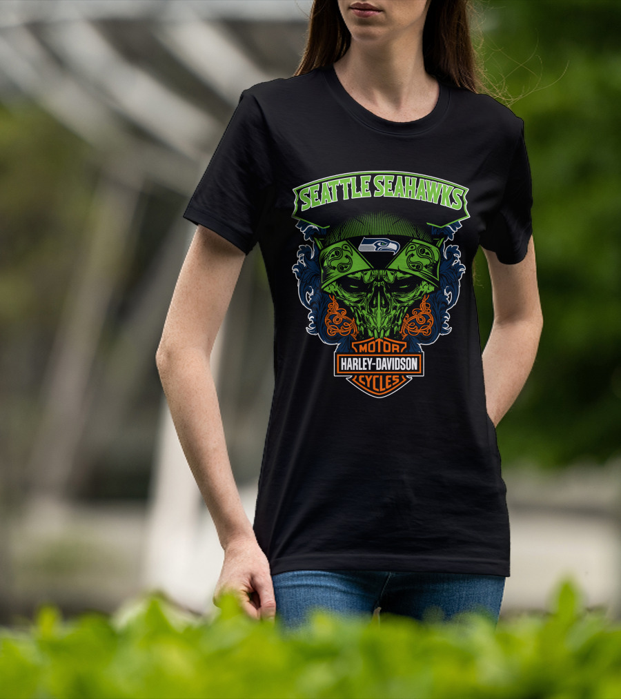 Seattle Seahawks Harley Davidson Skull Motor Cycles T-Shirt