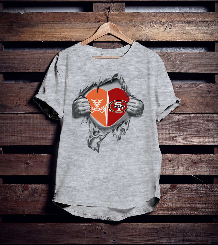 49Ers Cavaliers Heart With San Francisco And Virginia Logos Peeking Through Ripped Fabric T-Shirt