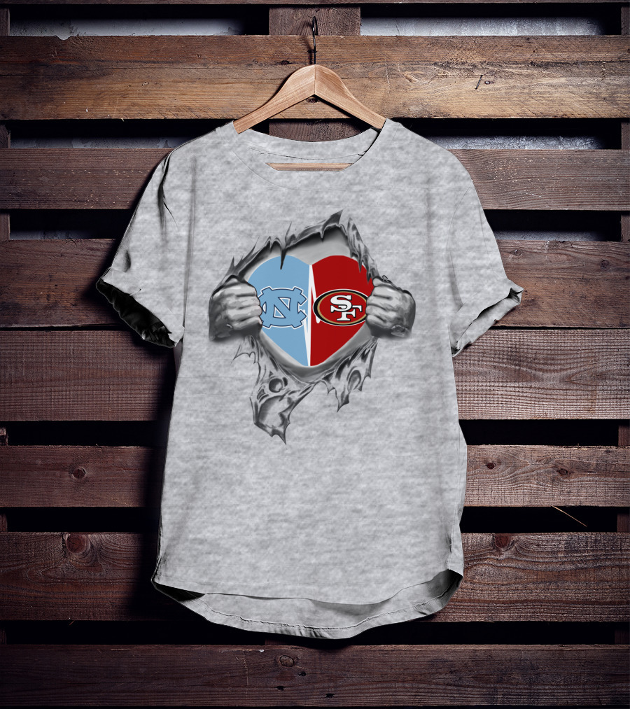 49Ers Tar Heels San Francisco UNC Heart Torn Fabric T-Shirt