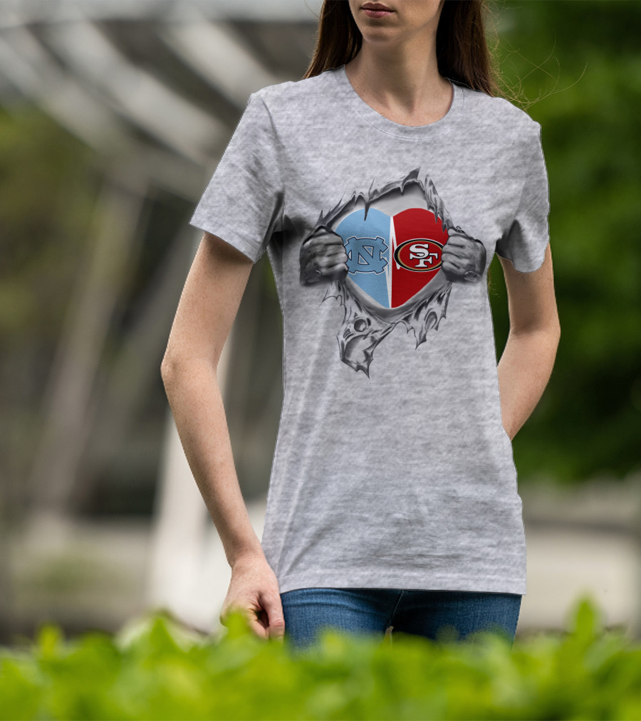 49Ers Tar Heels San Francisco UNC Heart Torn Fabric T-Shirt