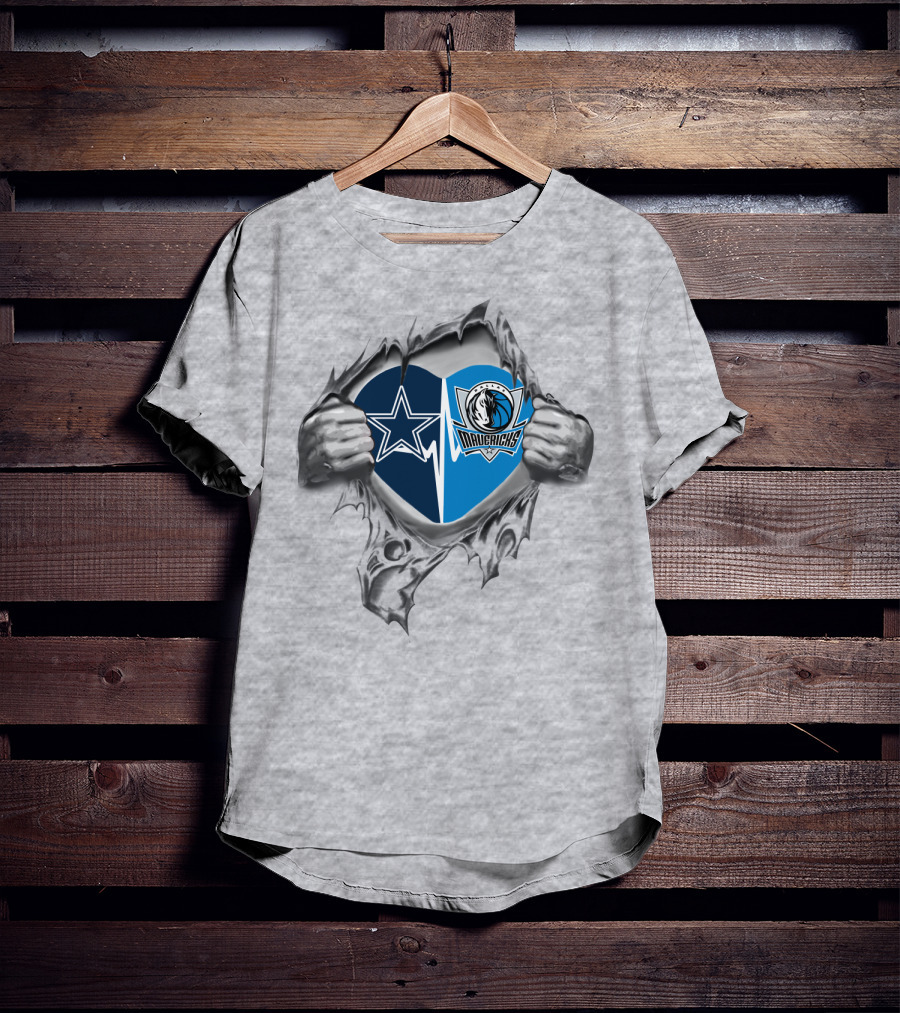 Cowboys Mavericks Heart Logos Hands Tearing T-Shirt