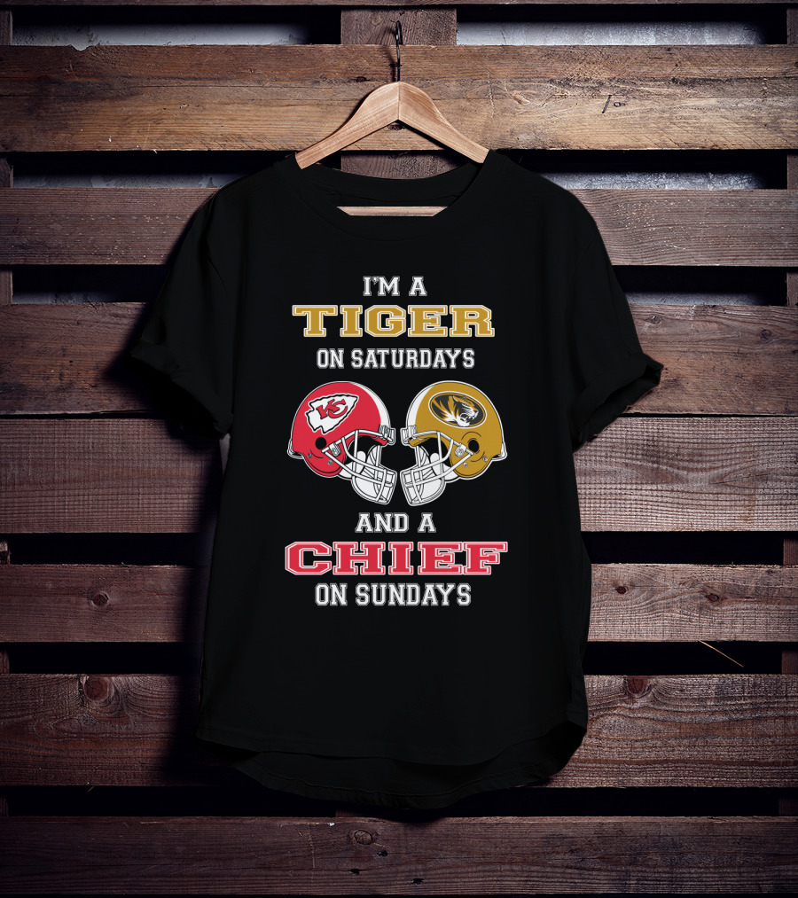 I'm A Tiger On Saturdays And A Chief On Sundays Missouri Kansas City Football Helmets T-Shirt