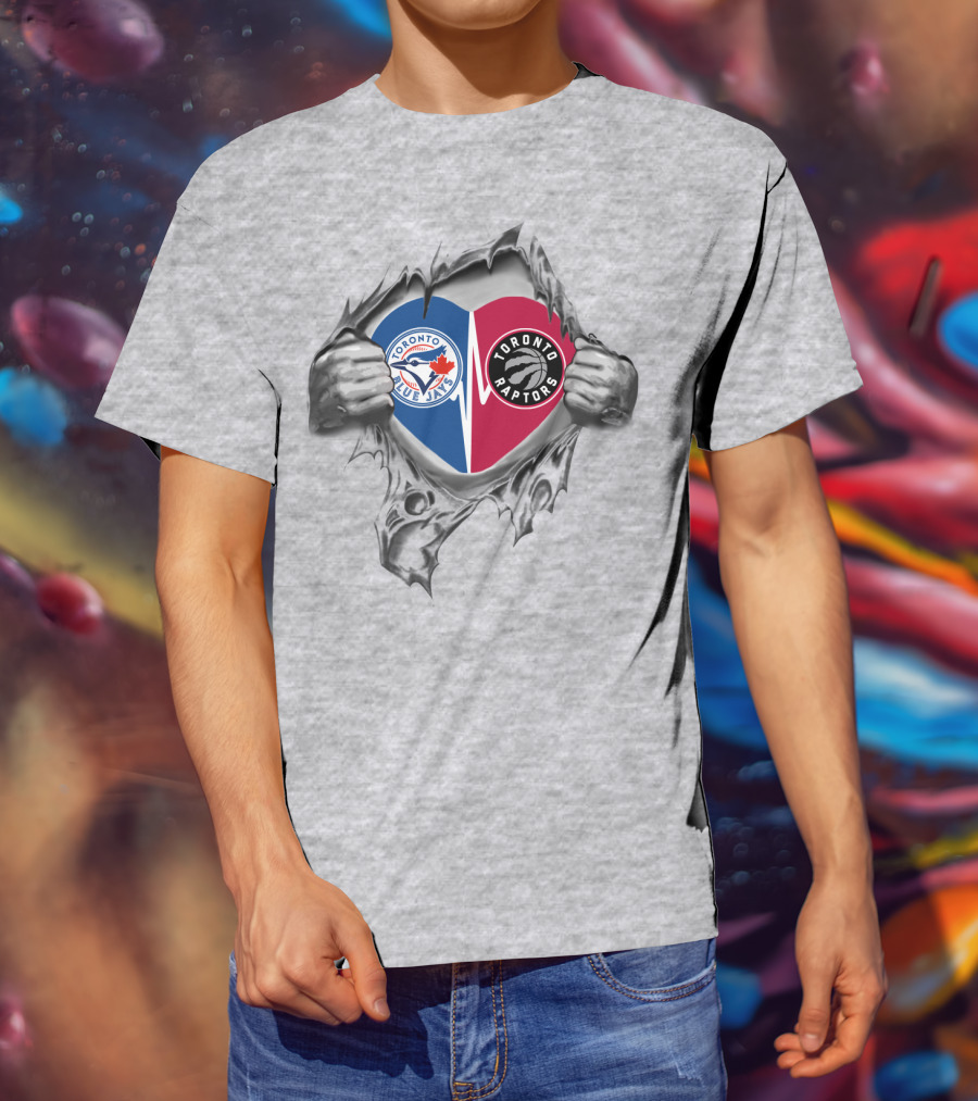 Toronto Blue Jays Raptors Heart Torn Skin Fan Logos T-Shirt
