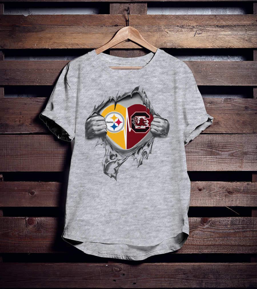Steelers Gamecocks Heart Emblem Featuring Dual Logos With Team Spirit T-Shirt