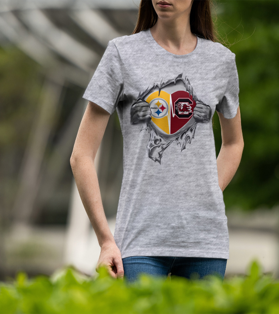 Steelers Gamecocks Heart Emblem Featuring Dual Logos With Team Spirit T-Shirt