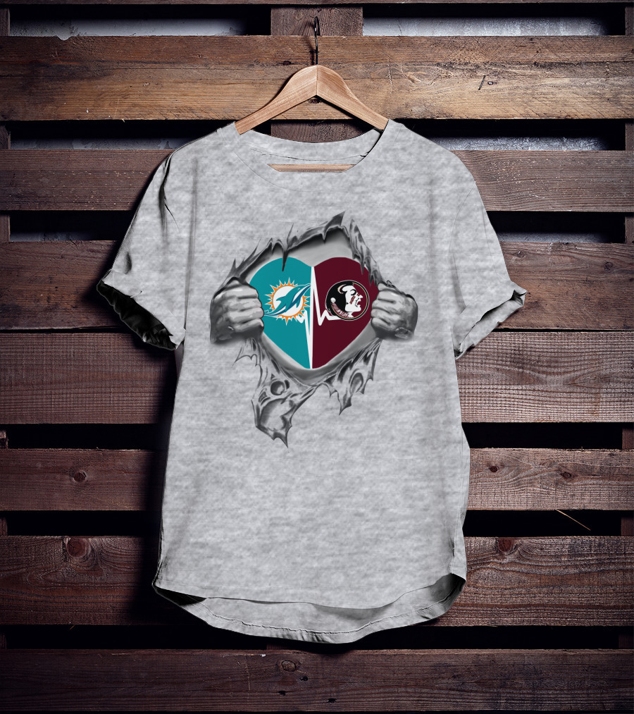 Heart Of Dolphins And Seminoles Logos Torn Open T-Shirt
