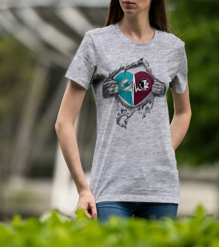 Heart Of Dolphins And Seminoles Logos Torn Open T-Shirt