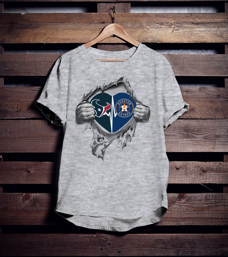 Texans Astros Heart Split Torn Ripped Metal T-Shirt