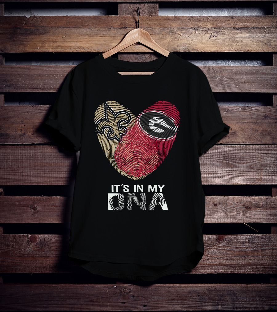 Saints Bulldogs It's In My DNA Fleur-de-Lis And Georgia Logo Fingerprint Heart T-Shirt