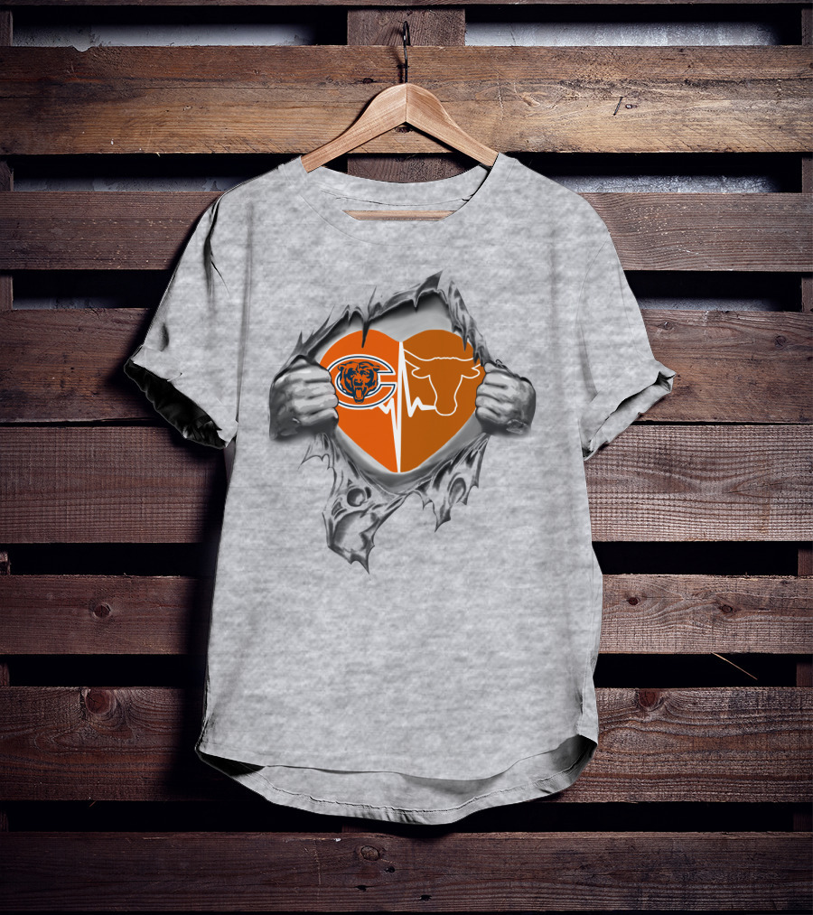 Bears Longhorn Heart With Team Logos Torn By Hands T-Shirt