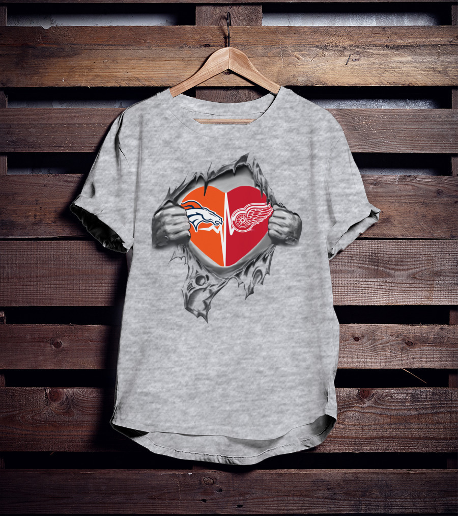 Broncos Red Wings Heart Graphic With Logos In Silver Hands T-Shirt
