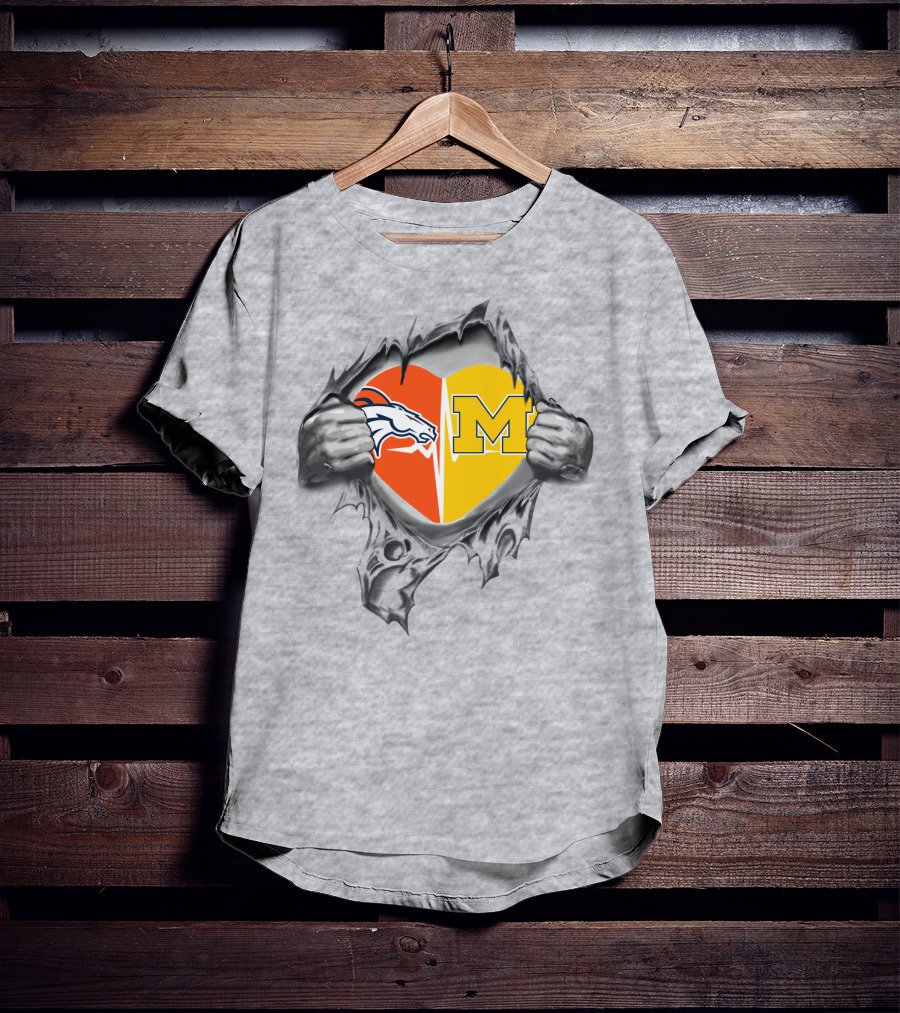 Broncos Michigan Heart Logo Tearing Dual Team Pride T-Shirt