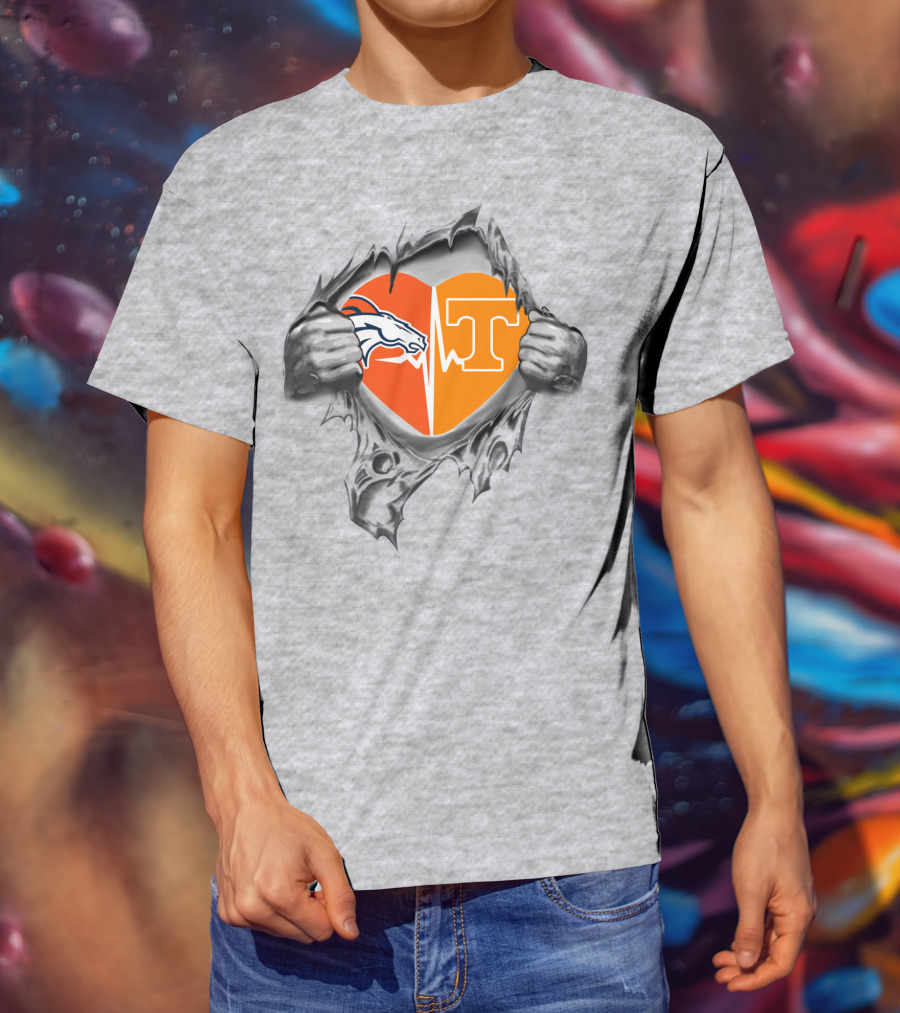 Broncos Horse Tennessee T Heart Logo Split With Hands And Rip Effect T-Shirt