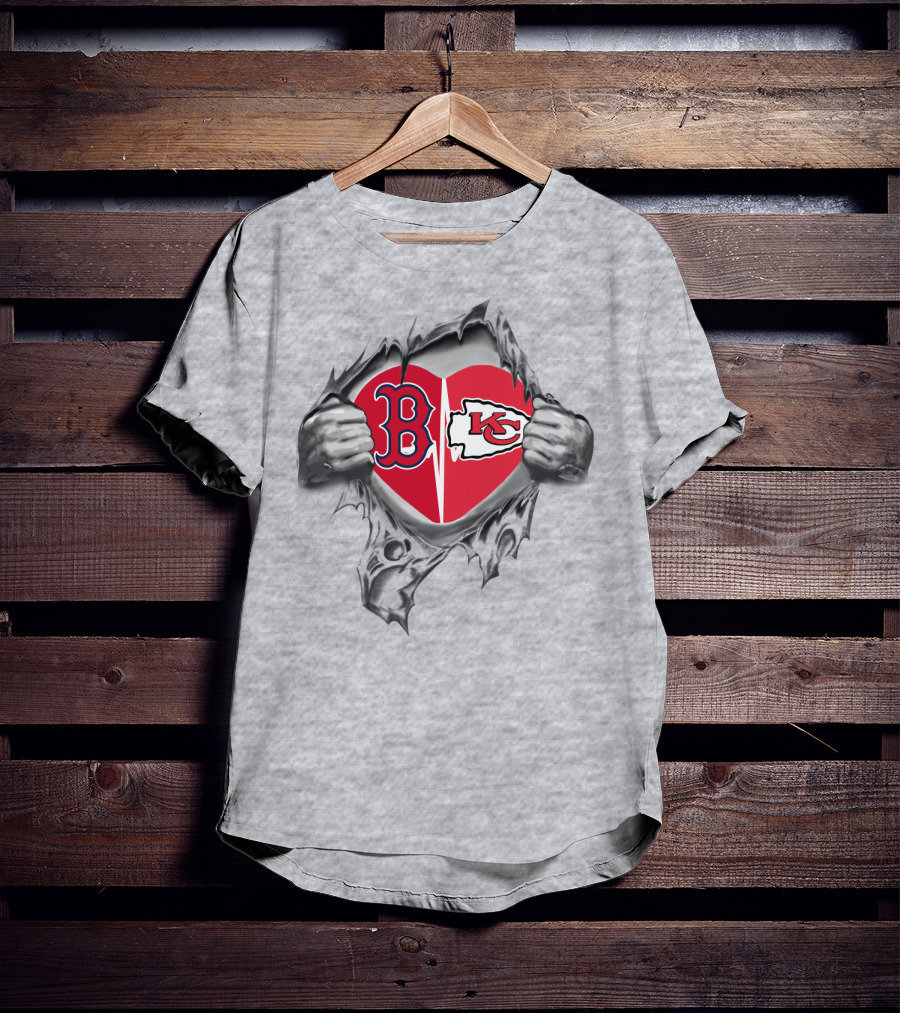 Red Sox And Chiefs Heart Torn Open With B And Kc Logos T-Shirt