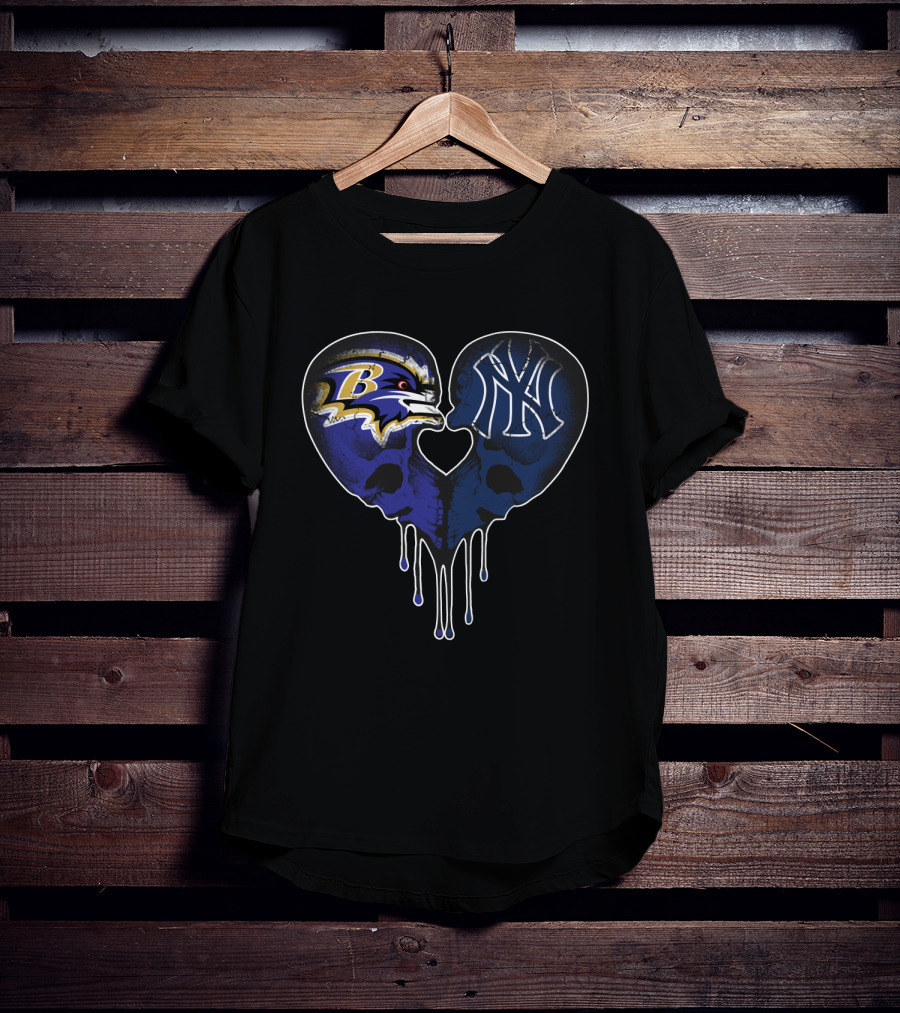 Ravens Yankees Skull Love Heart Dripping T-Shirt